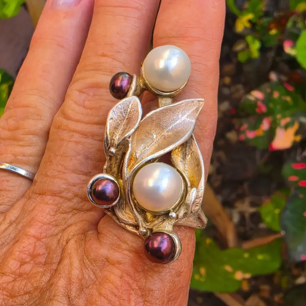 Vintage Sterling Silver Faux Pearl Botanical Statement Ring Sz 8.5